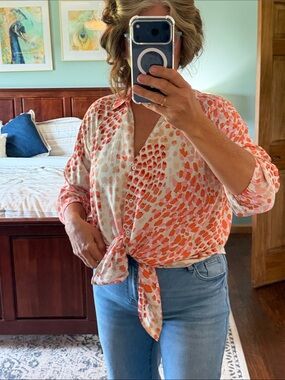 Cabi Tie-Front Printed Button-Up Top in Coral and Cream